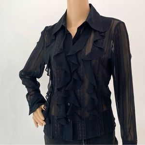 Black Silk Ruffled, Sheer Blouse